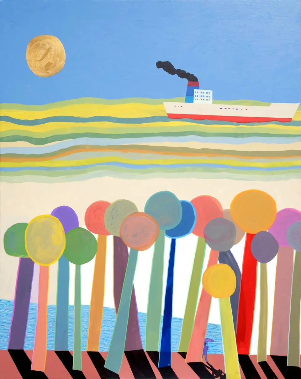 N.º 2, pintura sobre tela: barco de vapor sobre el mar y árboles de colores, Noel Morera Cruz