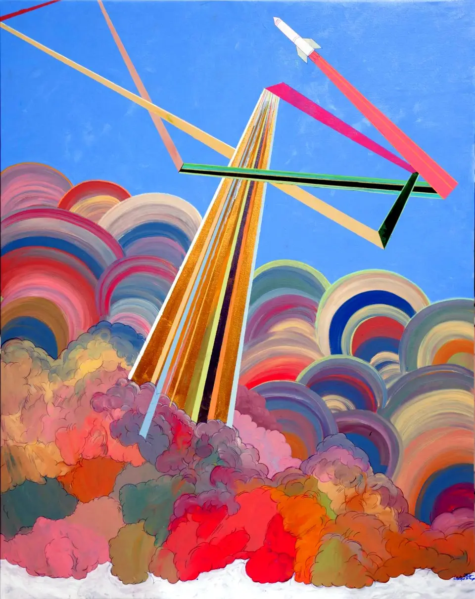 N.º 4, pintura sobre tela: rayos sobre nubes de arcos de colores, Noel Morera Cruz
