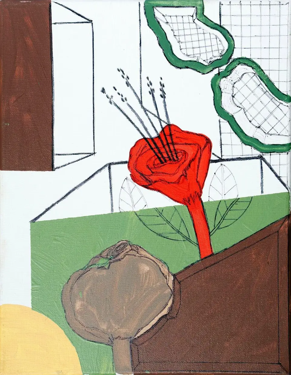 N.º 6, pintura sobre tela: flor roja y formas geométricas, Noel Morera Cruz